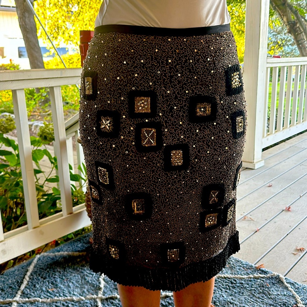 NAEEM KHAN Brown Gold silk Appliqué pencil skirt